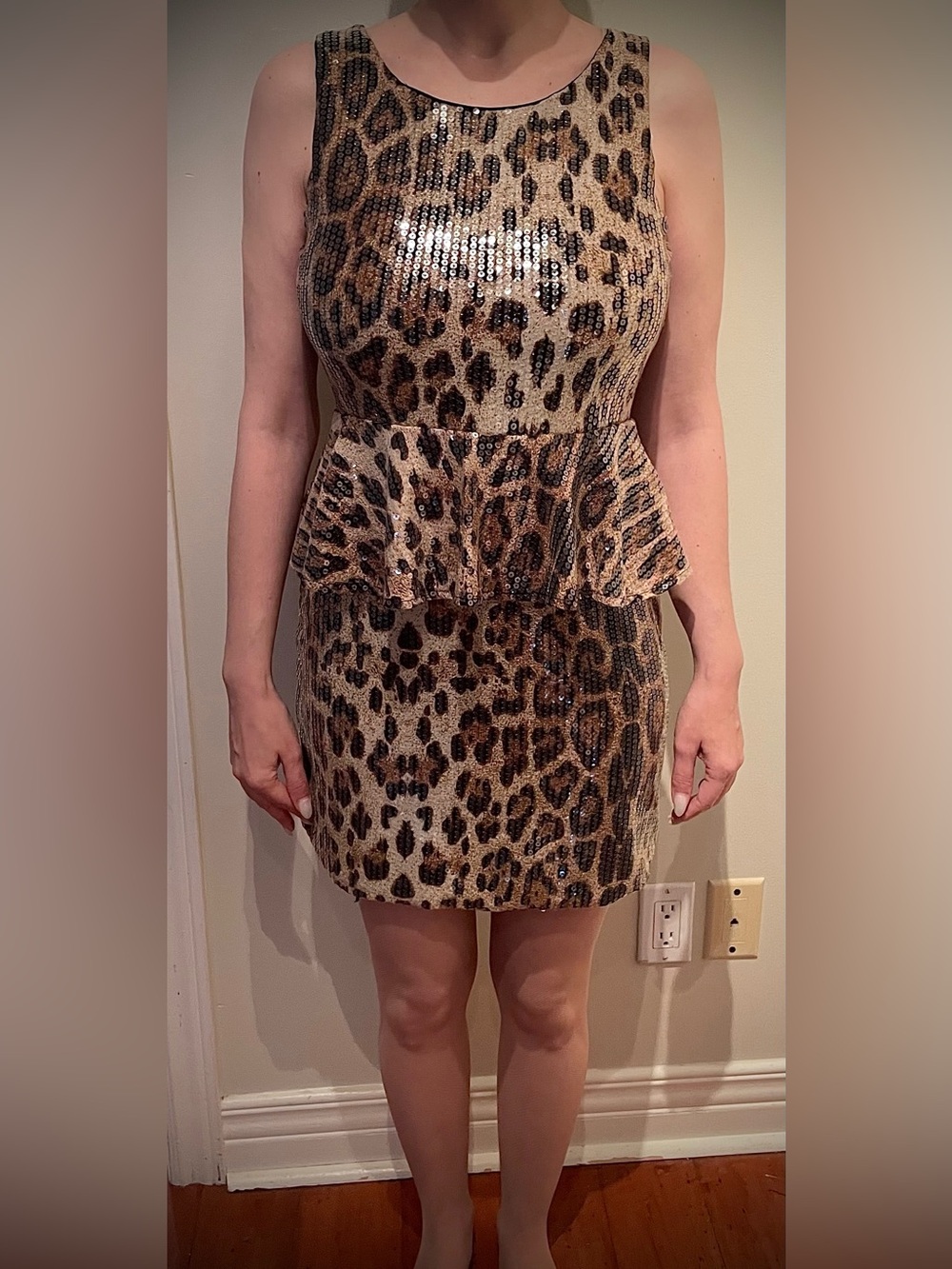Parisian Works Women’s Sequin Leopard Peplum Dress in Brown and Black